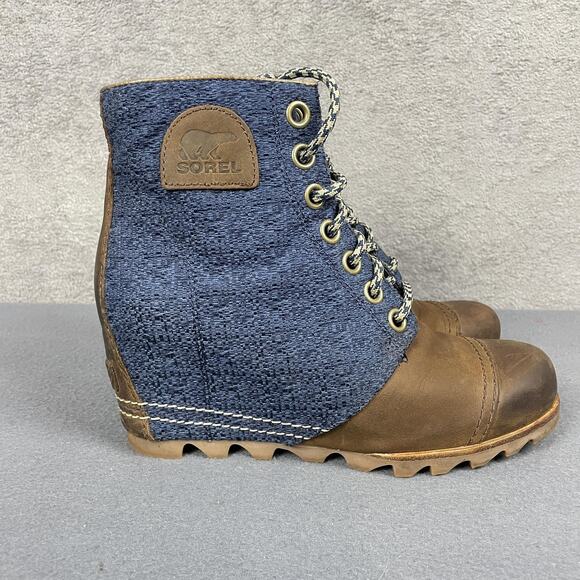 Sorel Wedge Boots Womens Size 8.5 Blue Brown Lexie Leather Canvas NL2265-269 - Picture 8 of 16